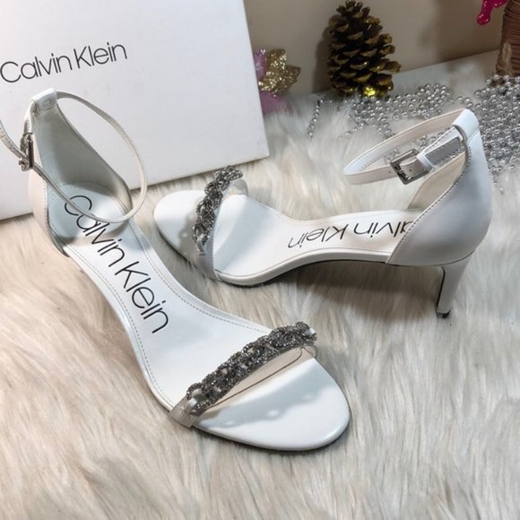 Calvin Klein" Reem 2" Ankle Strap Sandal In White Leather - Picture 1 of 16